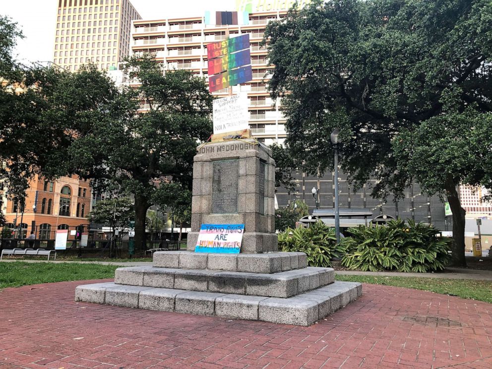 PHOTO: The pedestal is left after protesters removed a bust of John McDonogh, Saturday, June 13, 2020, in Duncan Plaza in New Orleans.