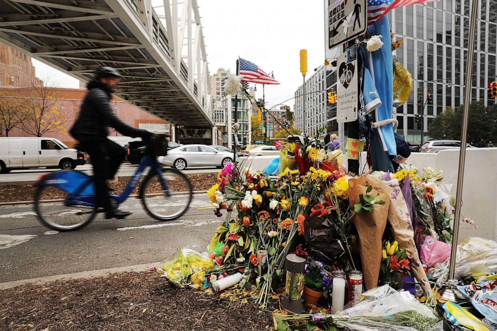 PHOTO: In this Nov. 7, 2017, file photo, flowers mark the location where terrorist Sayfullo Saipov crashed into a cyclist along a Manhattan bike path in New York.