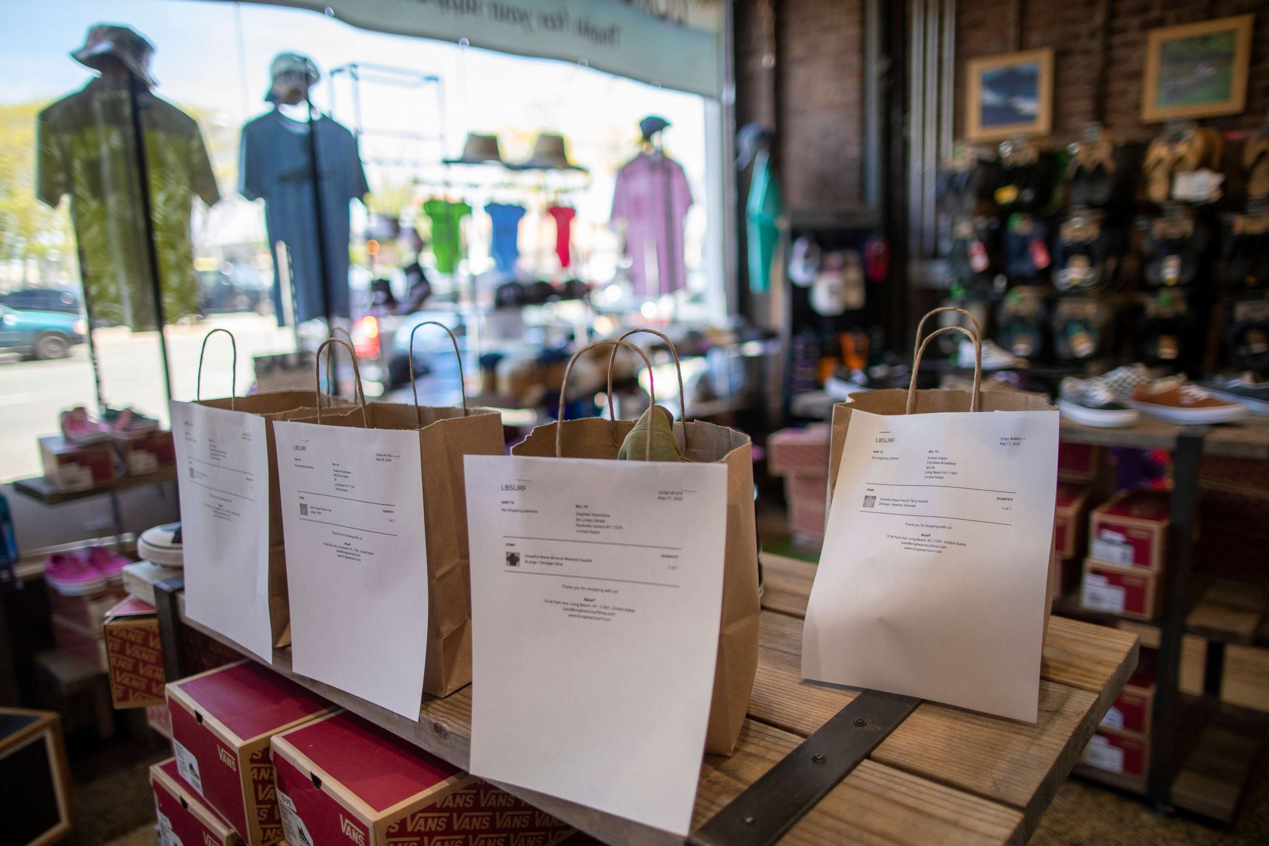 PHOTO: Merchandise bought online are ready to be picked up at family owned Long Beach Surf Shop, May 27, 2020, in Long Beach, N.Y.