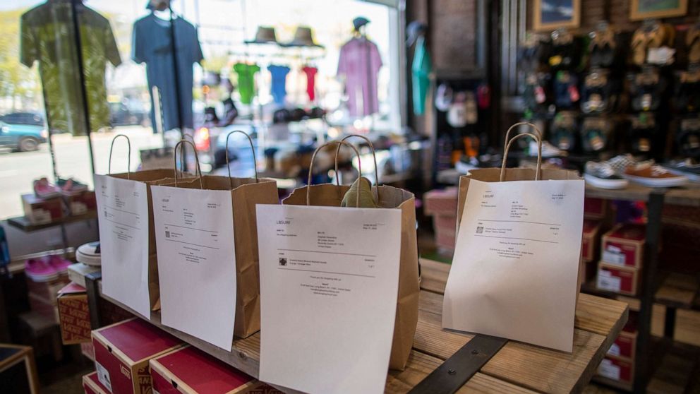 PHOTO: Merchandise bought online are ready to be picked up at family owned Long Beach Surf Shop, May 27, 2020, in Long Beach, N.Y.
