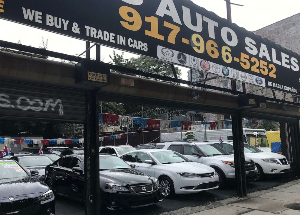 PHOTO: In this file photo taken on September 29, 2020, used cars are for sale at a dealership in Brooklyn, N.Y.