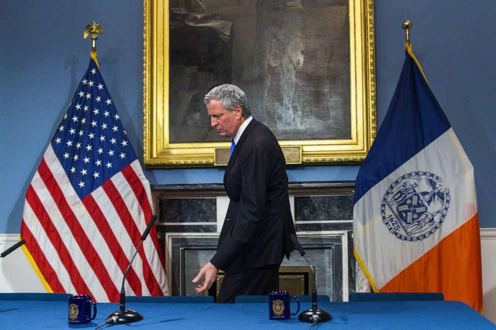 PHOTO: New York Mayor Bill de Blasio arrives to a press conference at City Hall on Jan. 3, 2020, in New York.