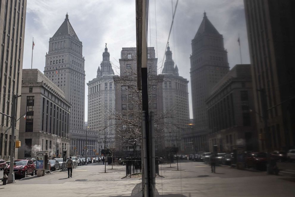 PHOTO: A view of lower Manhattan and it's courthouses during the COVID-19 outbreak on March 20, 2020, in New York.