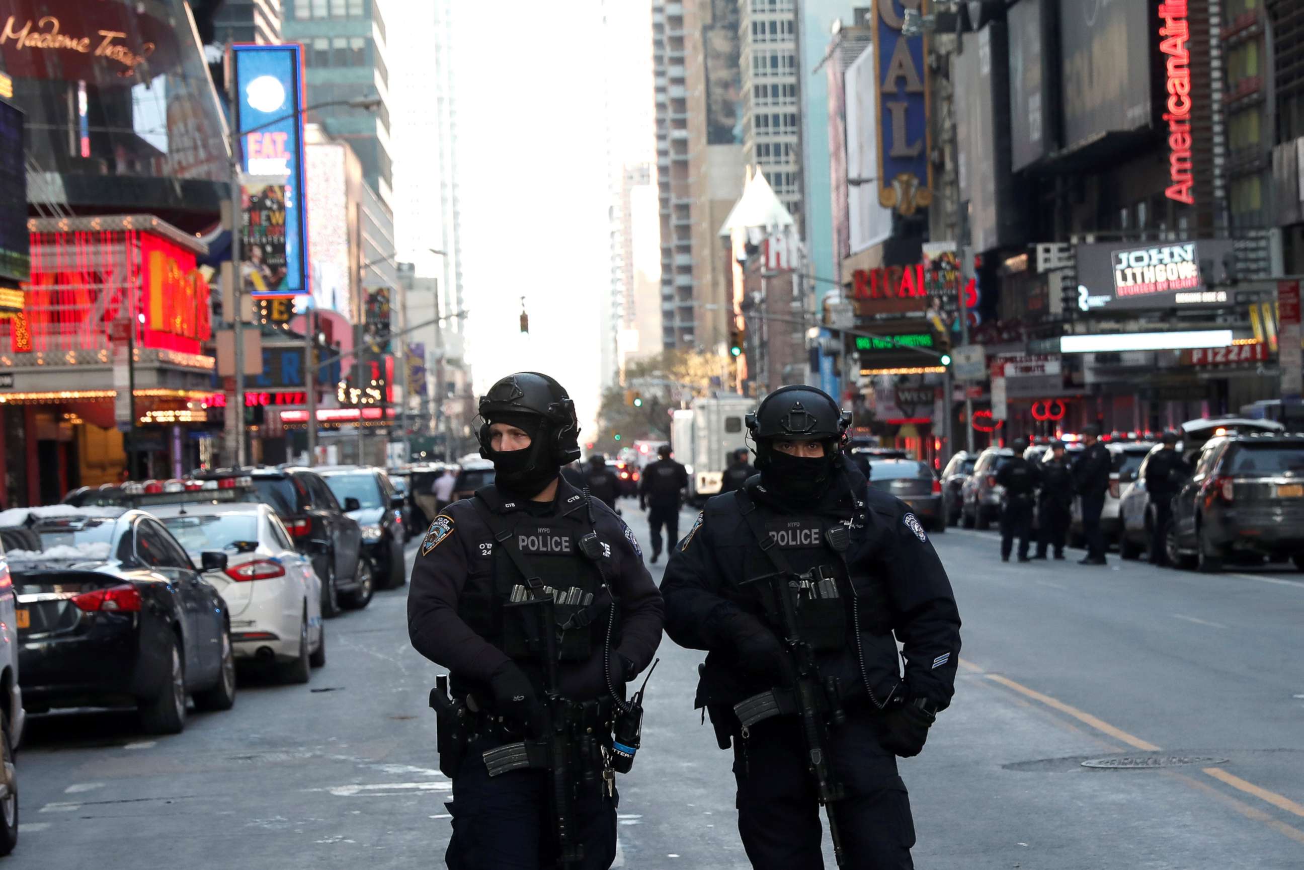 PHOTO: Police officers stand on a closed West 42nd Street near the New York Port Authority Bus Terminal after reports of an explosion in New York, Dec. 11, 2017.