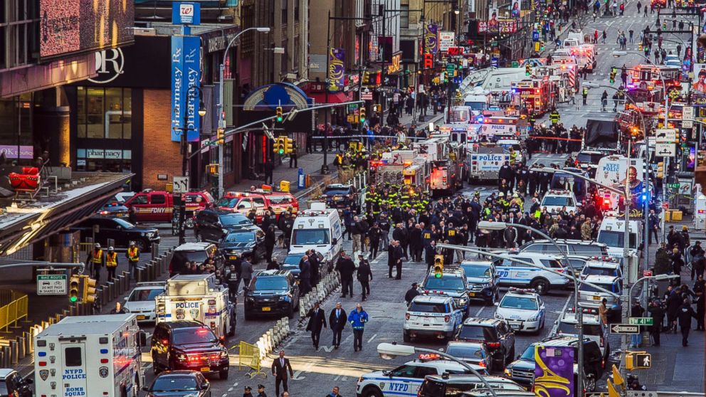 Law enforcement officials work following an explosion near New York's Times Square on Dec. 11, 2017.