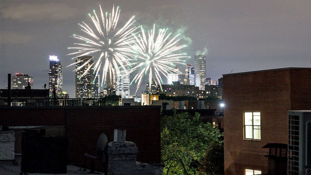 PHOTO: Fireworks explode during Juneteenth celebrations above Brooklyn, New York, June 19, 2020.