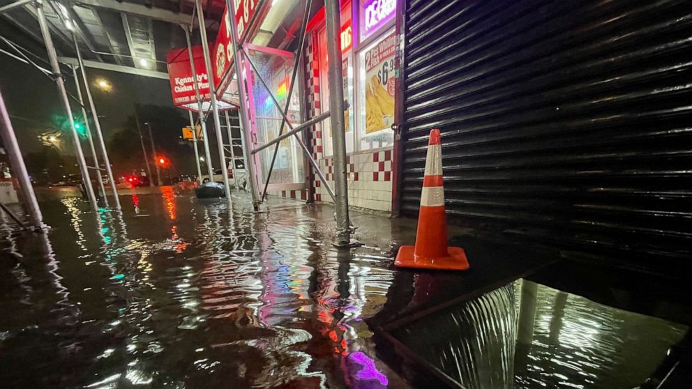 PHOTO: NEW YORK, NY - SEPTEMBER 01: Rainfall from Hurricane Ida flood the basement of a Kennedy Fried Chicken fast food restaurant on September 1, 2021, in the Bronx borough of New York City. T