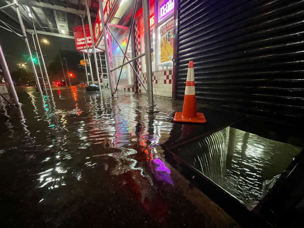 PHOTO: NEW YORK, NY - SEPTEMBER 01: Rainfall from Hurricane Ida flood the basement of a Kennedy Fried Chicken fast food restaurant on September 1, 2021, in the Bronx borough of New York City. T