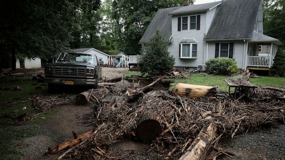 PHOTO: Debris from overnight flooding along Cedar Pond Brook is pictured in Stony Point, New York, July 10, 2023.