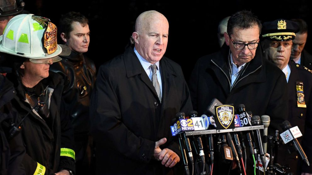 PHOTO: NYPD Commissioner James O'Neill speaks during a press conference alongside FDNY Commissioner Daniel Nigro after a chartered helicopter crashed into the East River in New York, March 11, 2018.