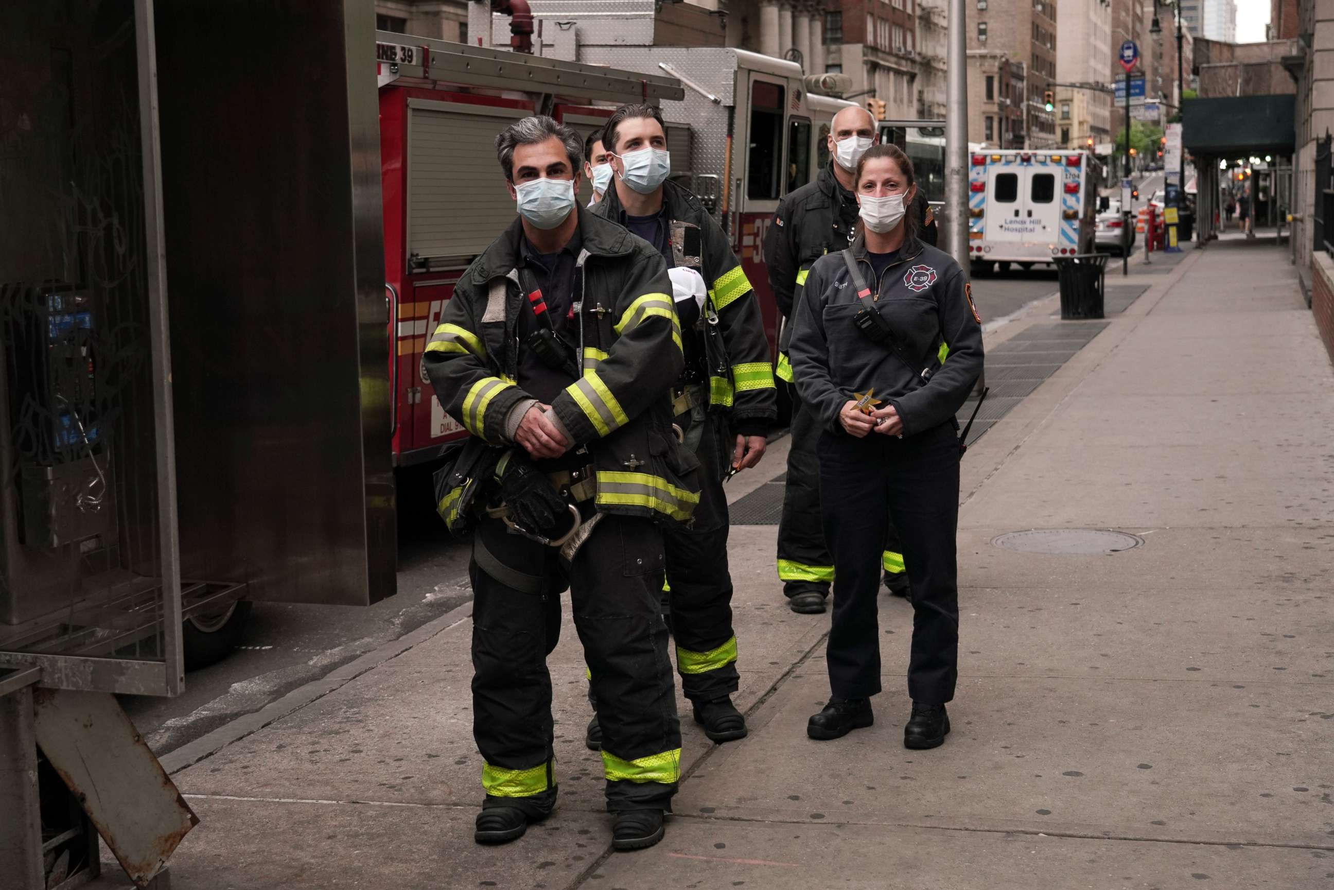 PHOTO: FDNY firefighters show gratitude to medical and frontline workers at Lenox Hill Hospital during the coronavirus pandemic, May 17, 2020, in New York City.