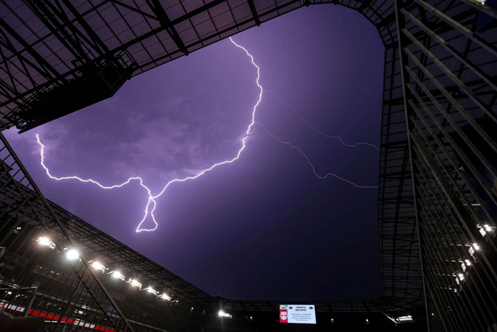 PHOTO: Lightning strikes above Red Bull Arena in Harrison, New Jersey, July 17, 2021.