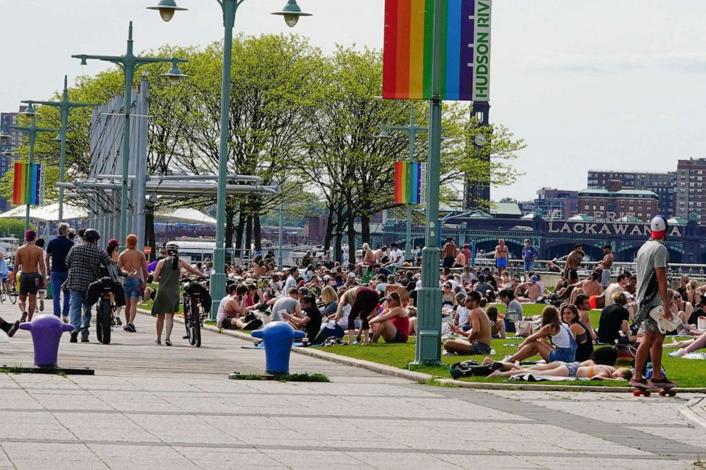 PHOTO: A view of people enjoying the weather at Hudson River Park during the coronavirus pandemic on May 16, 2020, in New York