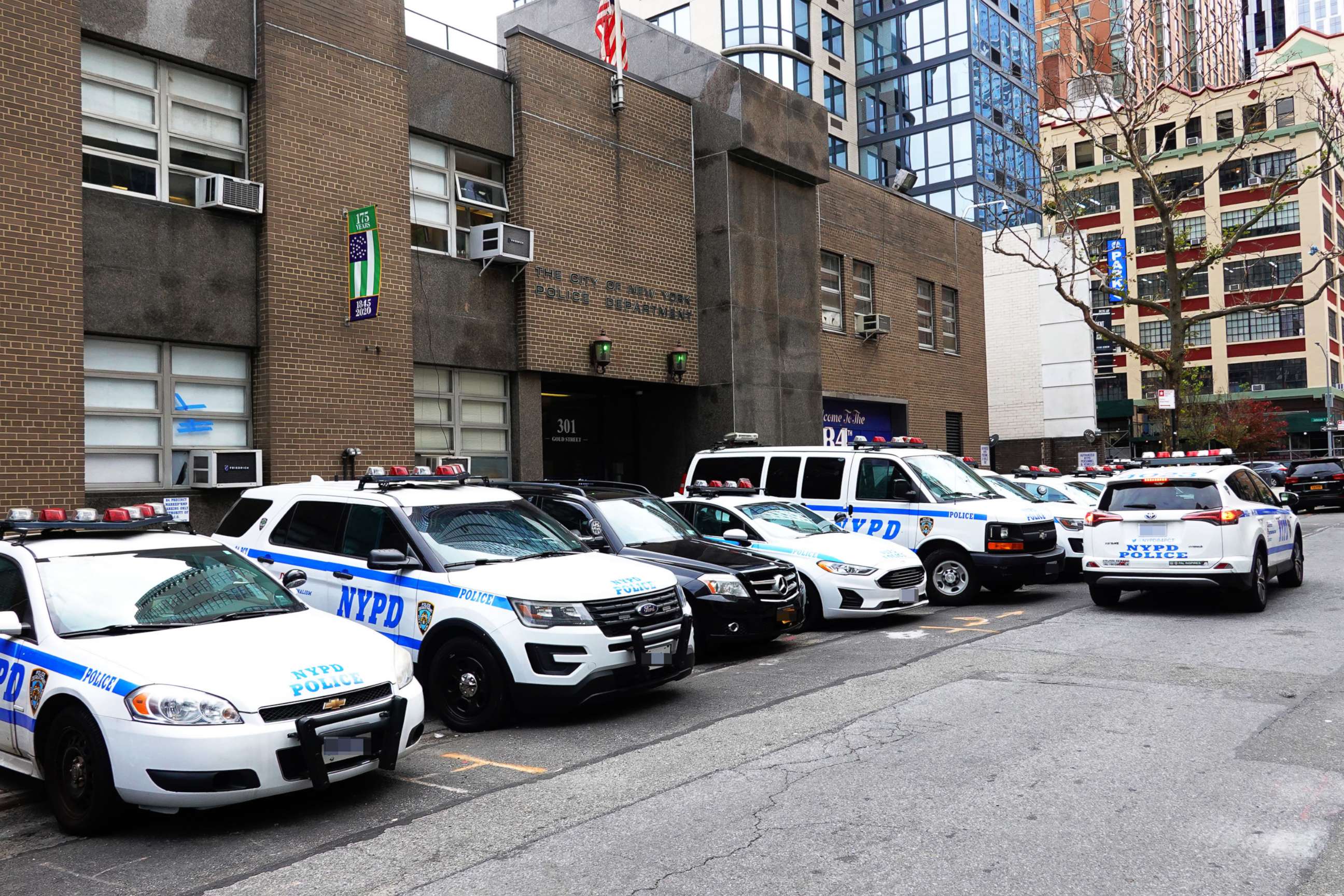 PHOTO: NYPD cruisers are seen parked at the 84th Precinct on Oct. 29, 2021, in Brooklyn, N.Y.