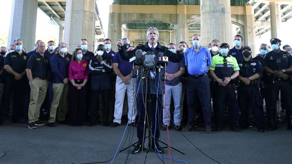 PHOTO: Police Benevolent Association of the City of New York President Pat Lynch and representatives from other NYPD and law enforcement unions holds a news conference on June 9, 2020, in New York.