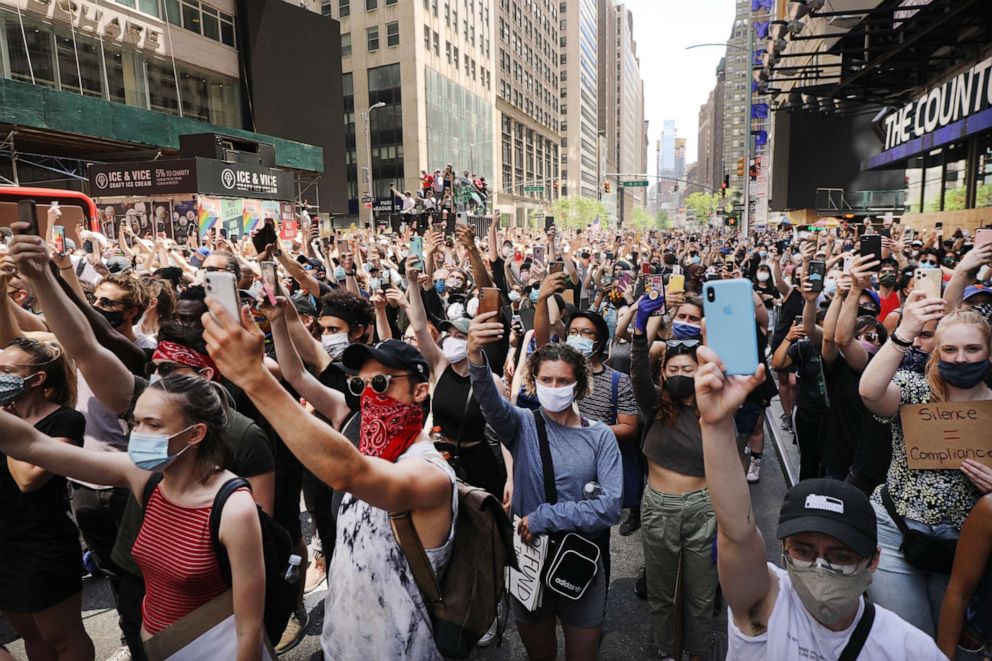 PHOTO: Hundreds of protesters march in Manhattan over the death on May 25 of black man George Floyd while in the custody of Minneapolis police, June 07, 2020, in New York City.