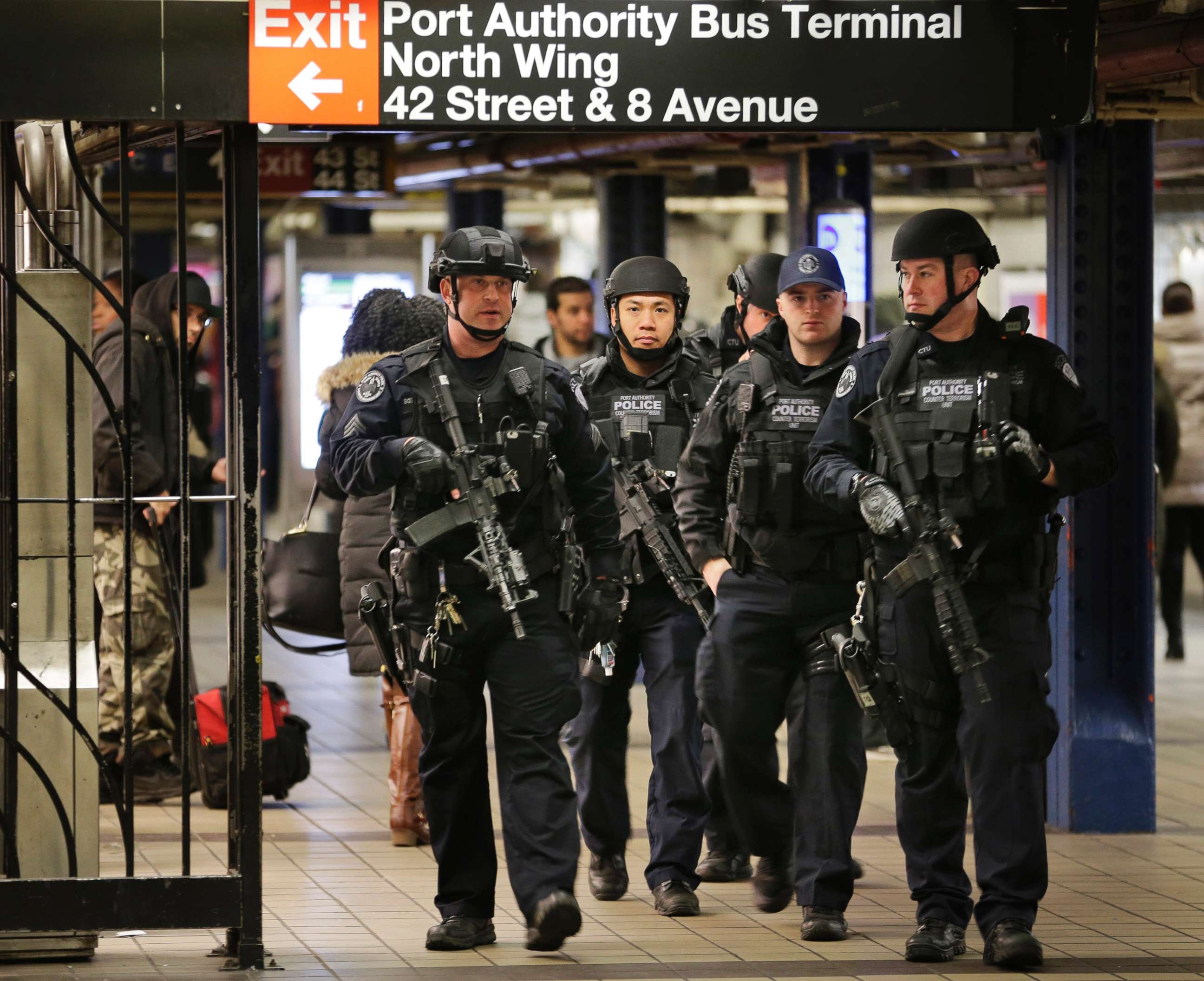 PHOTO: Police officers patrol in the passageway connecting New York City's Port Authority bus terminal and the Times Square subway station in New York, Dec. 12, 2017, near the site of Monday's explosion. 
