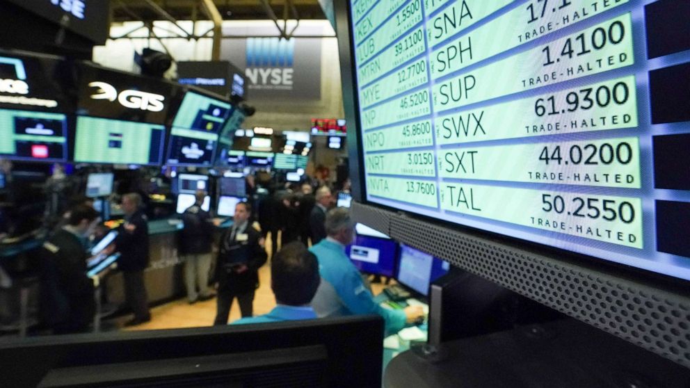 PHOTO: Trading is halted for 15 minutes as traders work on the floor at the opening bell of the Dow Industrial Average at the New York Stock Exchange on March 12, 2020, in New York.