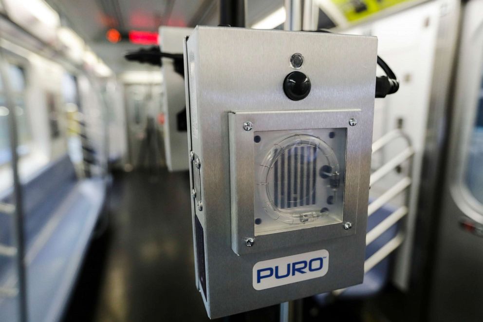 PHOTO: A UV-C lighting device to be used to disinfect trains and buses during the coronavirus pandemic is shown on a subway car at the MTA Corona Maintenance Facility, May 19, 2020, in the Queens borough of New York.