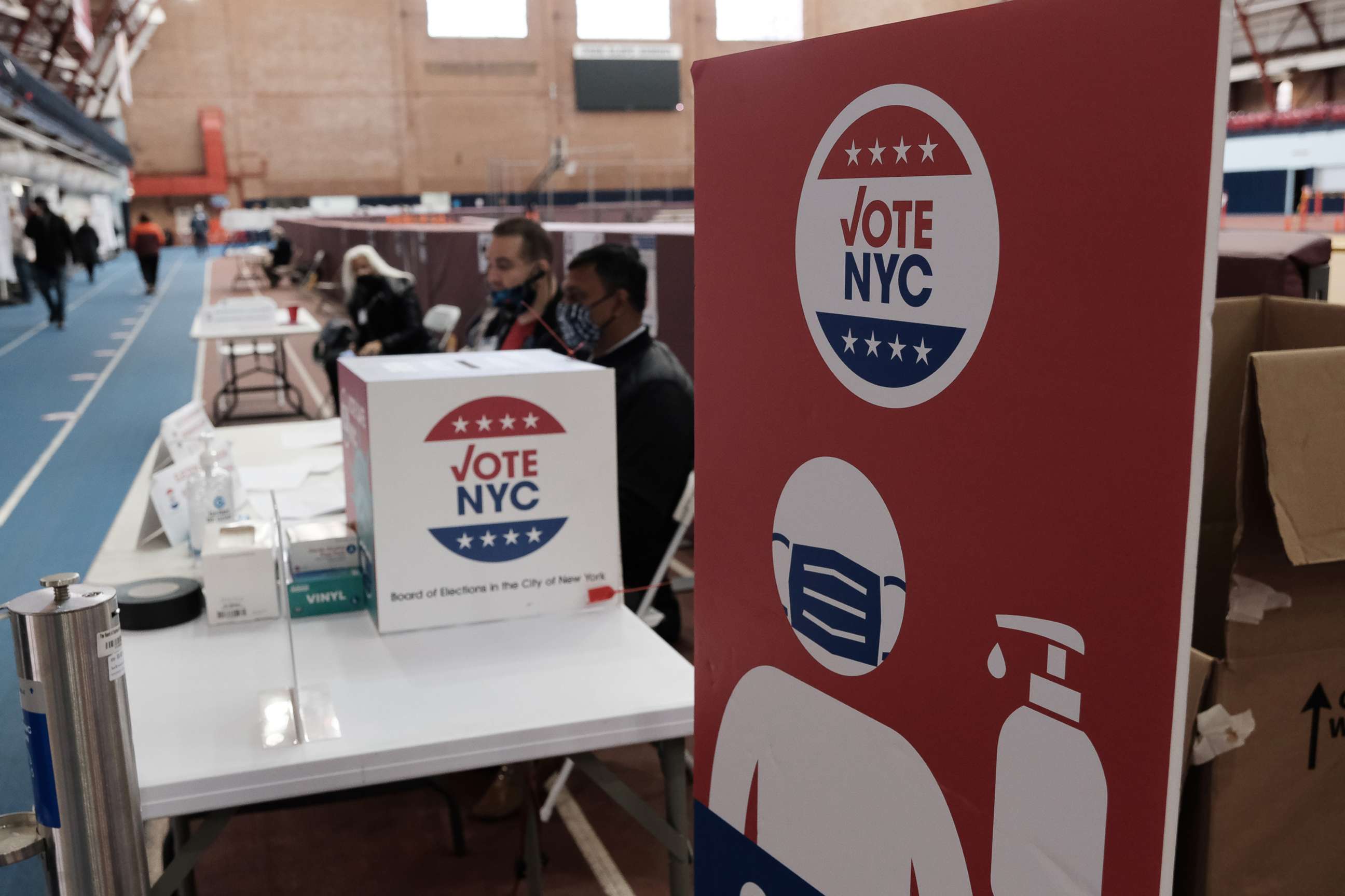 PHOTO: People visit a voting site at a YMCA on Election Day in the Brooklyn borough of New York,Nov. 2, 2021.