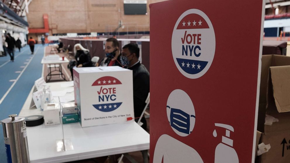 PHOTO: People visit a voting site at a YMCA on Election Day in the Brooklyn borough of New York,Nov. 2, 2021.