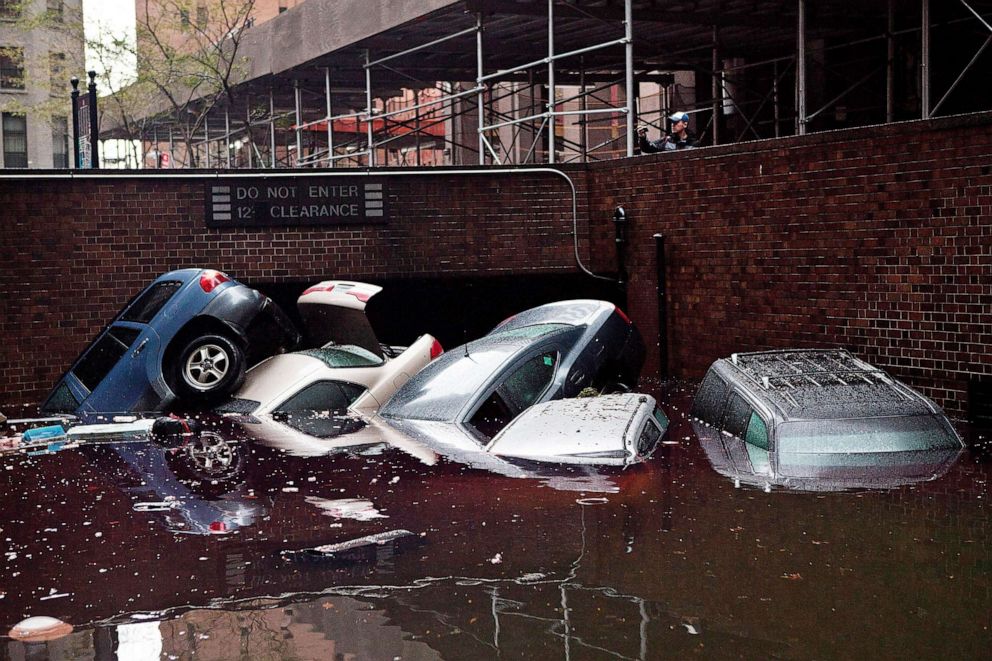PHOTO: FILE - Cars floating in a flooded subterranian basement following Hurricaine Sandy, Oct. 30, 2012 in the Financial District of New York.
