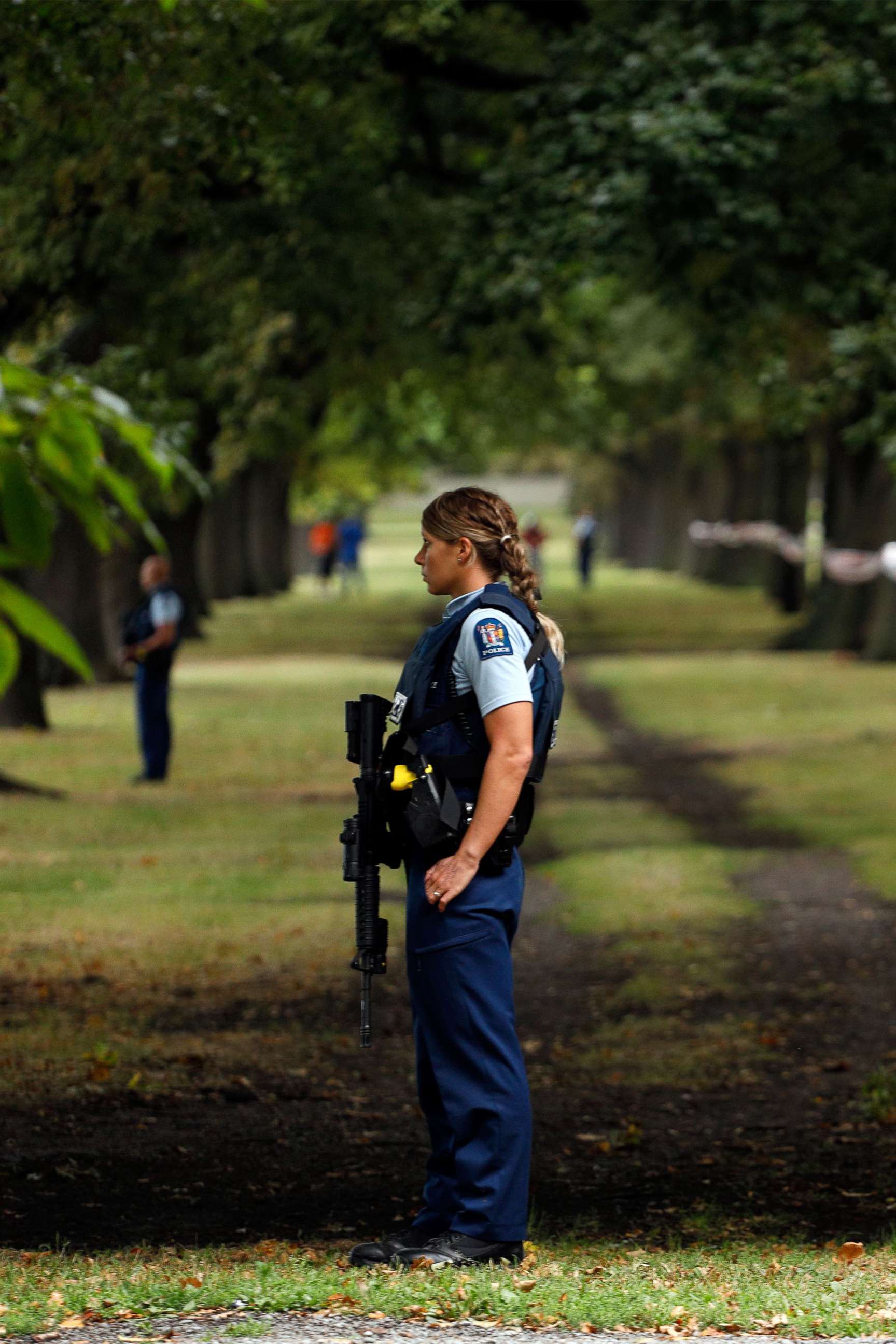 PHOTO: Police officers guard the area close to the Masjid al Noor mosque after a shooting incident in Christchurch, March 15, 2019.