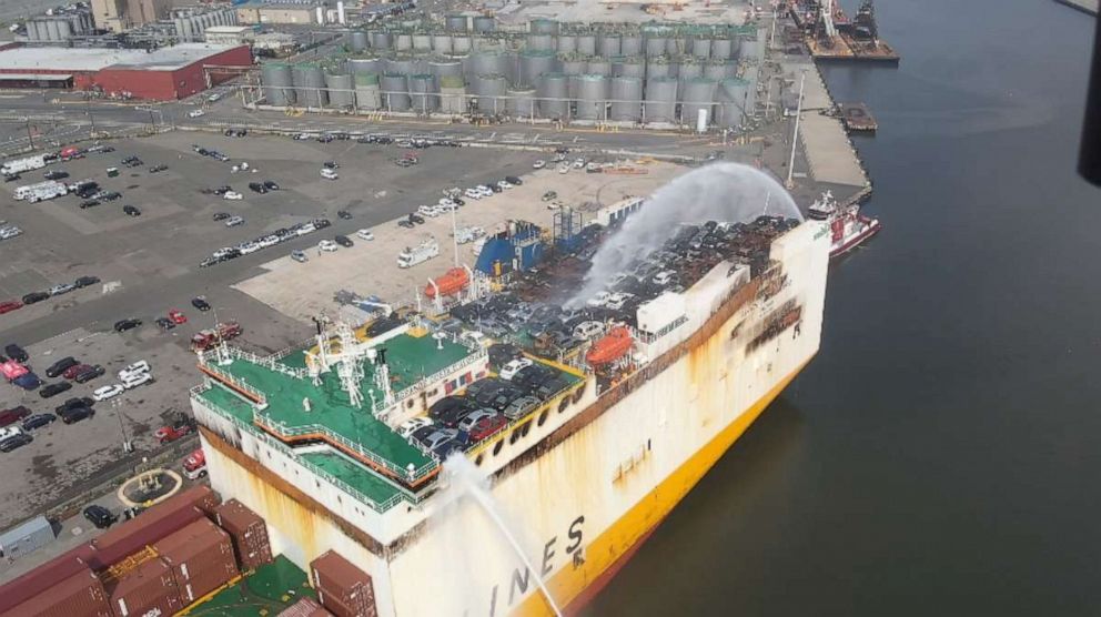 PHOTO: The motor vessel Grande Costa D’Avorio is shown from an unmanned aircraft systems perspective of firefighting efforts from a Unified Command in attempts to extinguish the fire aboard the ship at Port Newark, New Jersey, July 8, 2023.