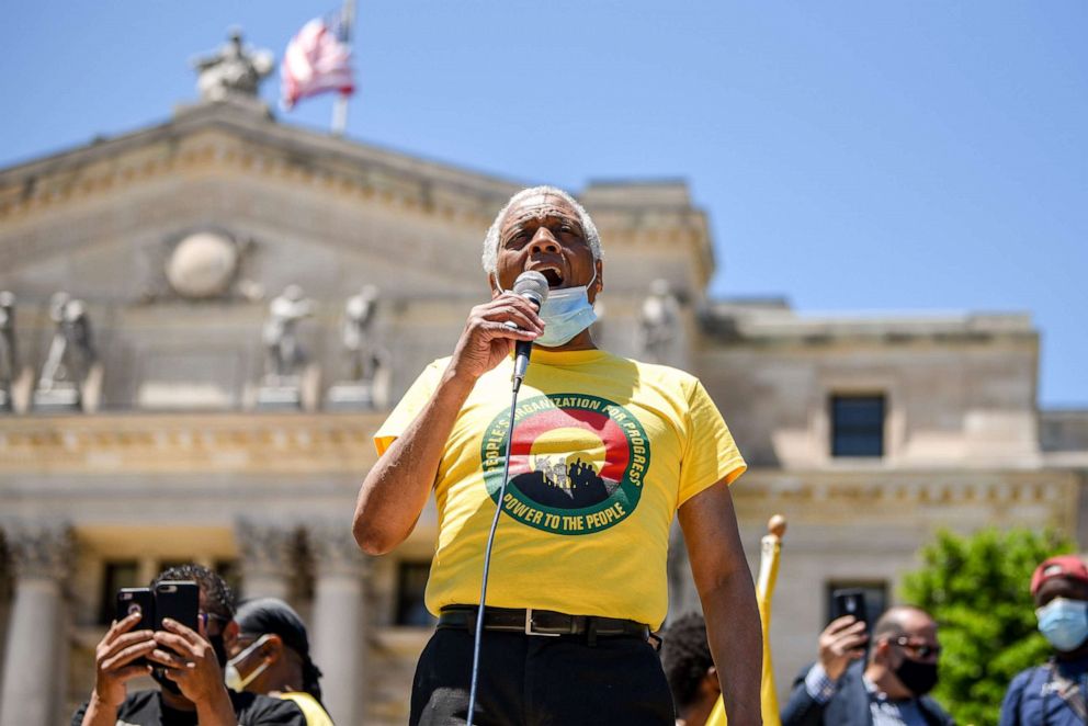 PHOTO: Lawrence Hamm, founder and current Chairman of the People's Organization for Progress and candidate for the U.S. Senate, speaks at a protest and march for the death of George Floyd, in Newark, May 30, 2020.