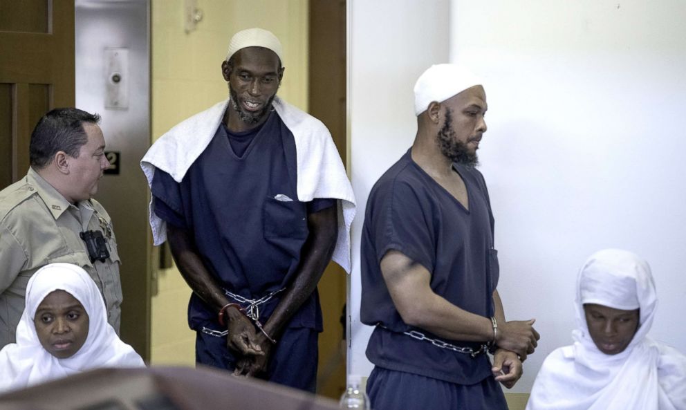 The five adults charged with child abuse in the Amalia compound case were in court, August 13, 2018 to see judge Sarah C. Backus.  From left to right; Jany Leveille, Lucas Morton, Siraj Wahhaj, and Subhannah Wahhaj. 