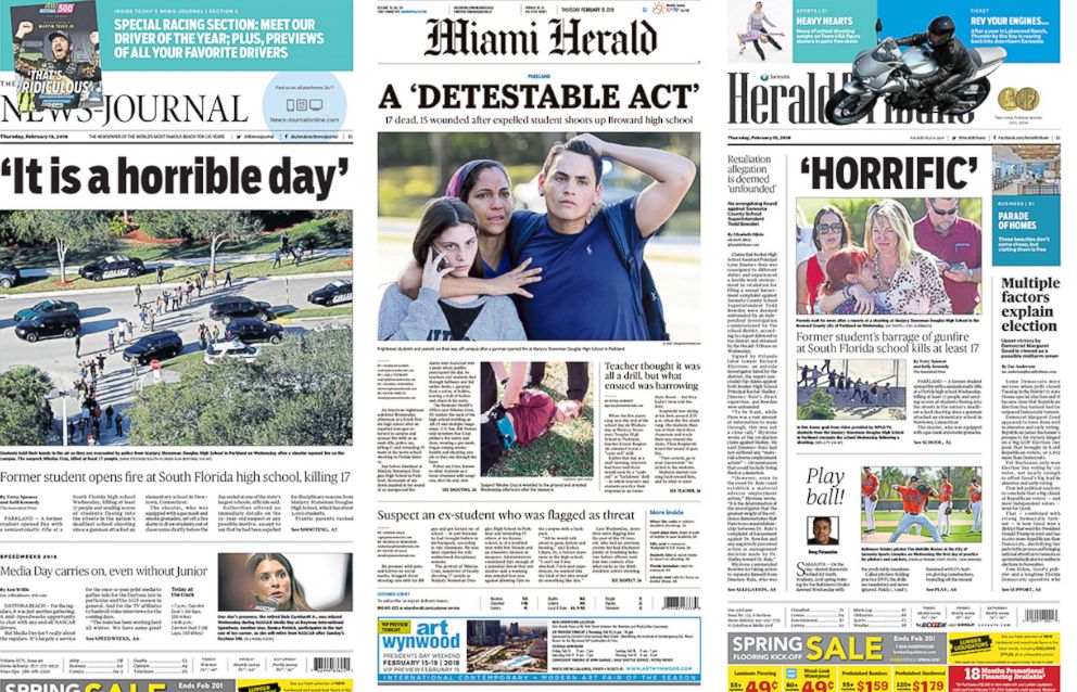 PHOTO: The front page of the Florida News Journal, Miami Herald and Herald Tribune newspapers, Feb. 15, 2018.