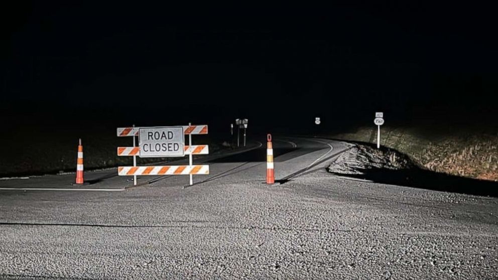 PHOTO: A "Road Closed" sign is seen on near the site where two U.S. Army Black Hawk helicopters crashed on Wednesday, March 29, in Trigg County, Kentucky.