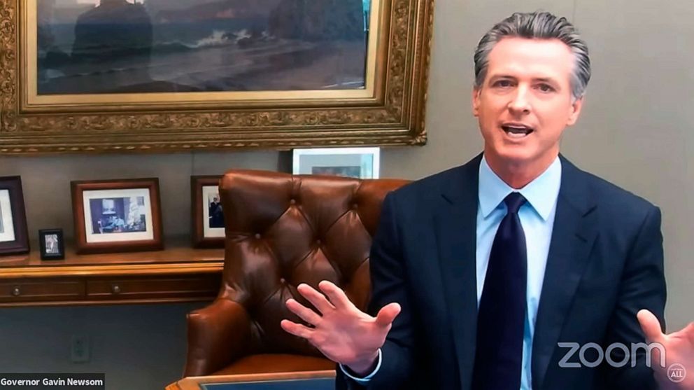 PHOTO: This image taken from a video news conference provided by the Office of California Gov. Gavin Newsom shows California Gov. Gavin Newsom talking on a conference call after signing a new law in Sacramento, Calif., Oct. 4, 2021. 