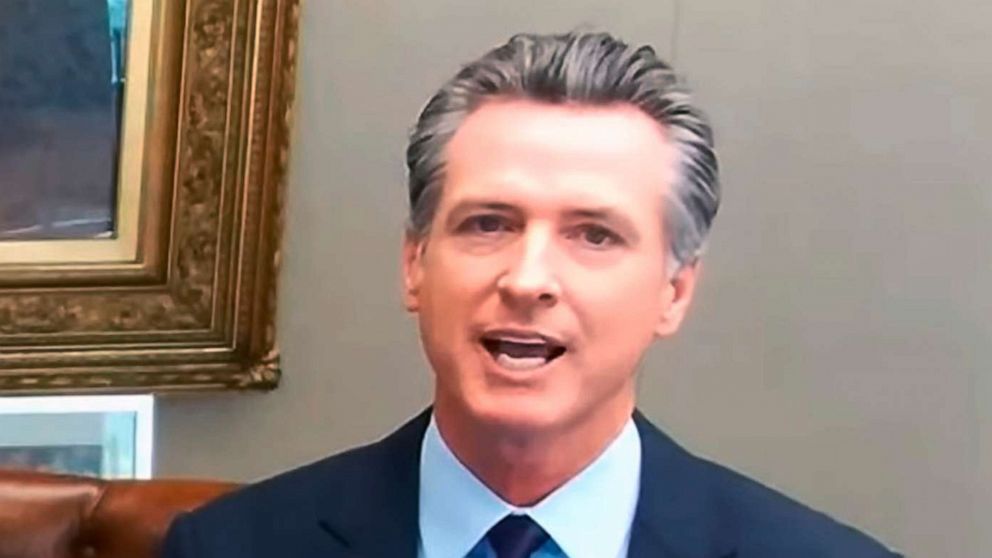 PHOTO: This image taken from a video news conference provided by the Office of California Gov. Gavin Newsom shows California Gov. Gavin Newsom talking on a conference call after signing a new law in Sacramento, Calif., Oct. 4, 2021. 