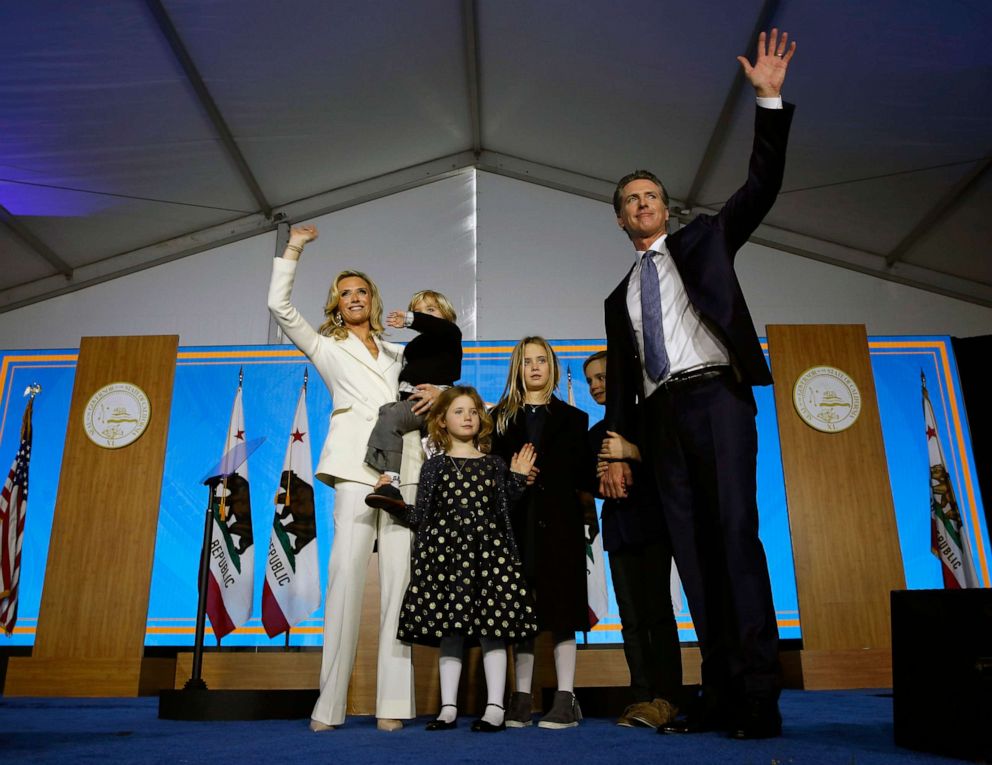 PHOTO: In this Monday, Jan. 7, 2019 file photo, California Governor Gavin Newsom, right, his wife, Jennifer Siebel Newsom, left, and children wave after taking the oath office during his inauguration as 40th governor of California in Sacramento, Calif.