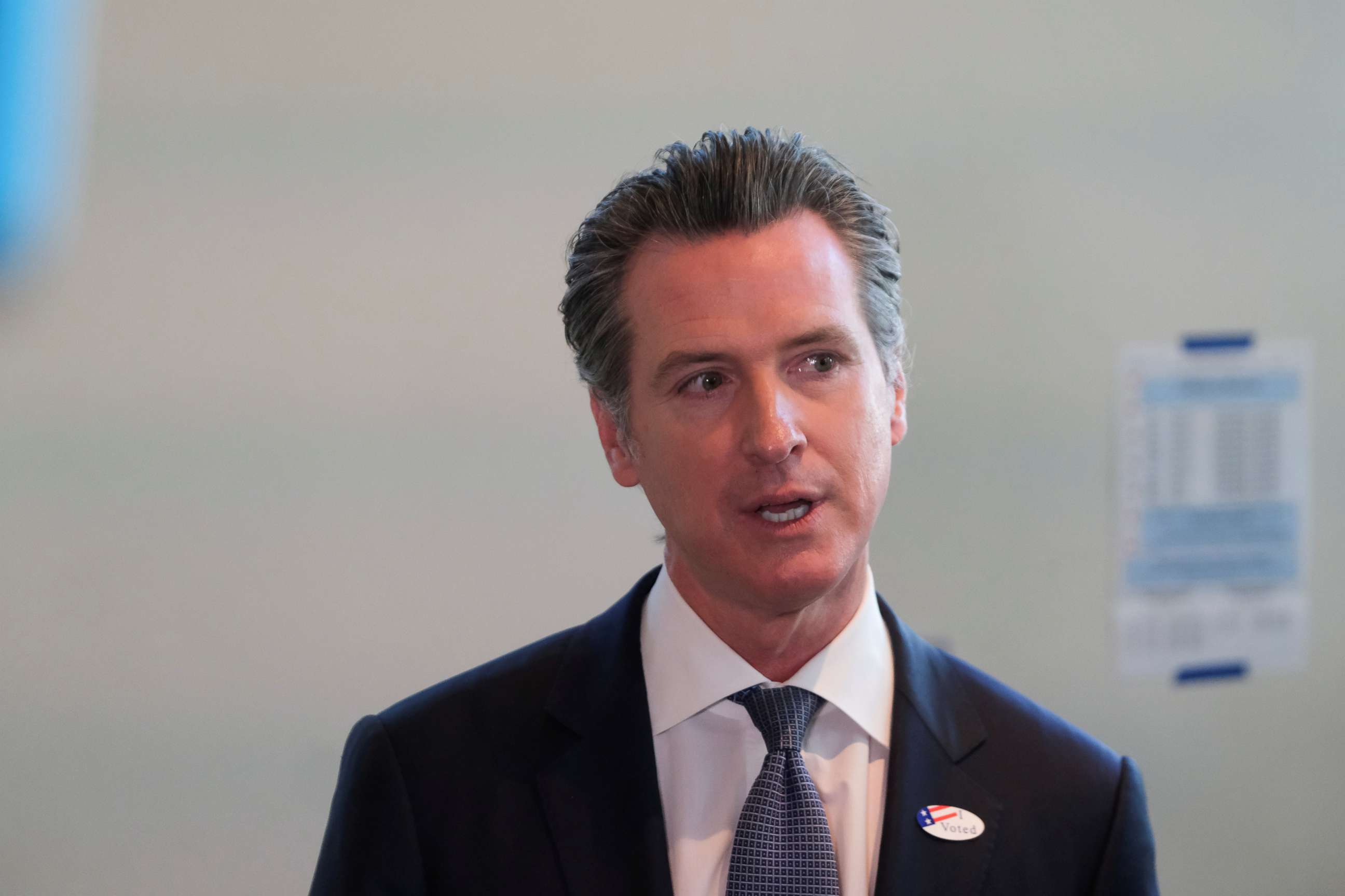 PHOTO: California Gov. Gavin Newsom speaks to the media after at a voting center for the presidential primaries on Super Tuesday in Sacramento, Calif., March 3, 2020. 