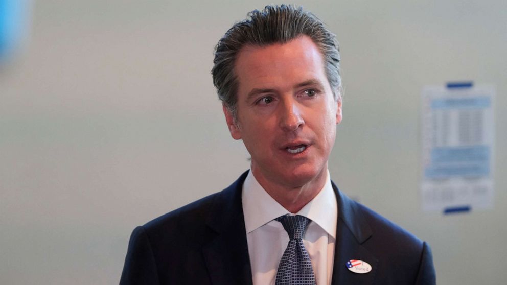 PHOTO: California Gov. Gavin Newsom speaks to the media after at a voting center for the presidential primaries on Super Tuesday in Sacramento, Calif., March 3, 2020.