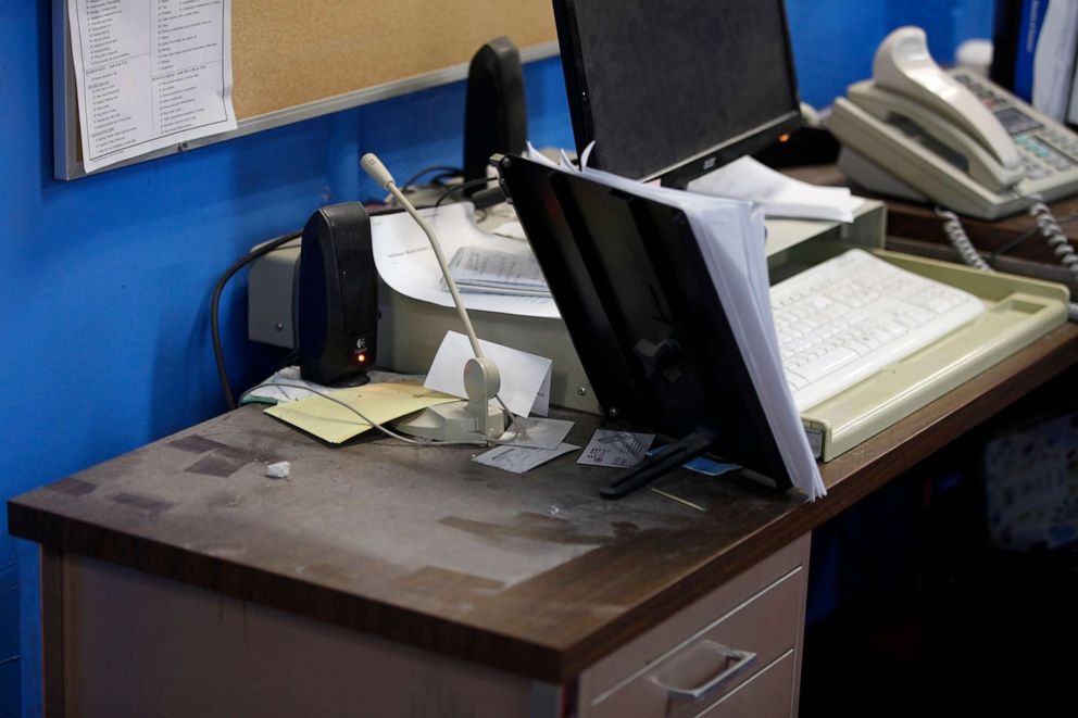 PHOTO: An empty spot on reporter Phyllis Zorn's desk shows where the tower for her computer sat before law enforcement officers seized it in a raid on the Marion County Record, Aug. 13, 2023, in Marion County, Kan.