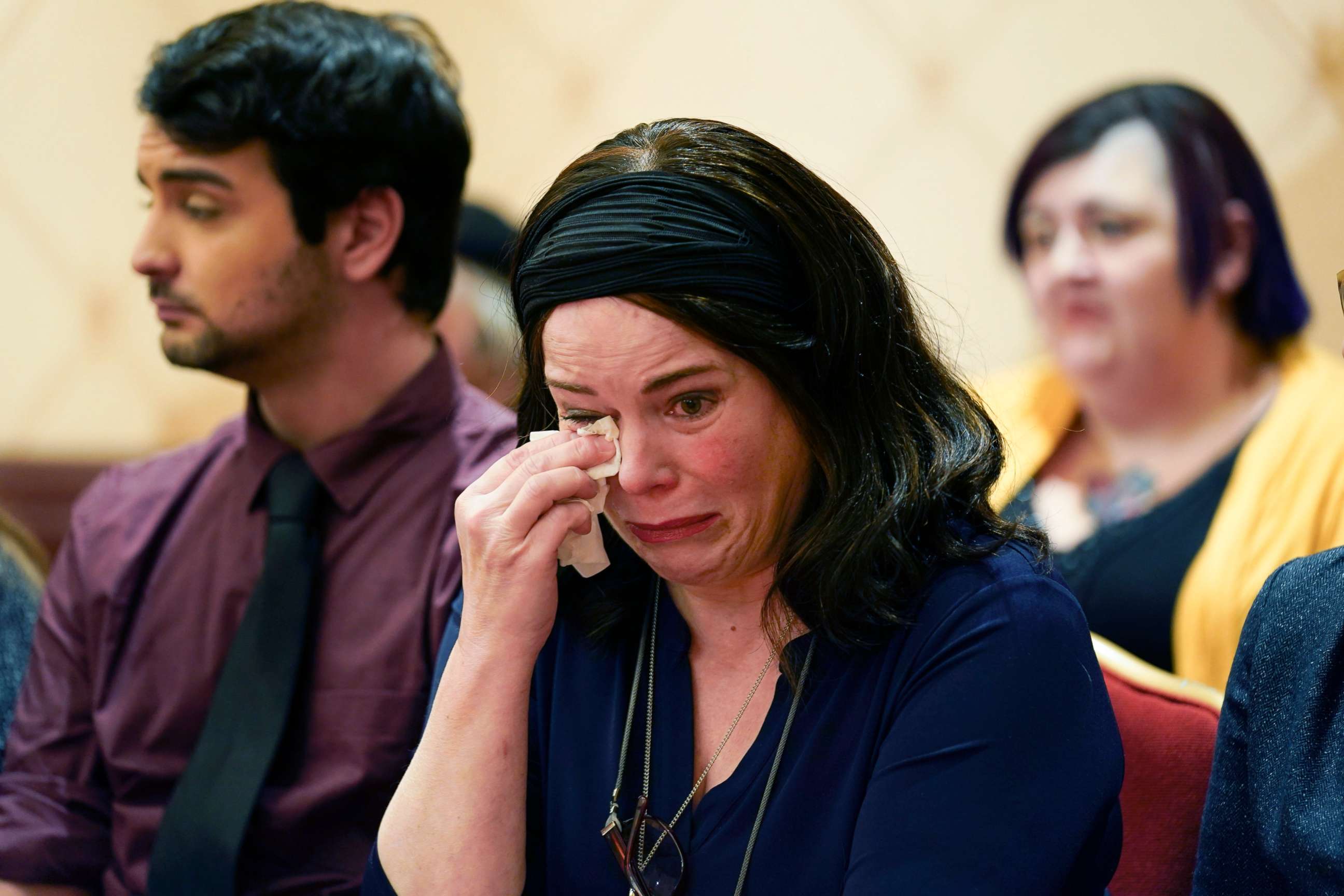 PHOTO: Veronique De La Rosa, mother of Noah Pozner, who was killed in the Sandy Hook Elementary School shooting, wipes away tears during a news conference in Trumbull, Conn., Feb. 15, 2022.