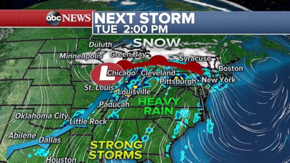 Another storm is expected to bring snow to the northern U.S. and heavy rain to the South beginning on Tuesday afternoon.