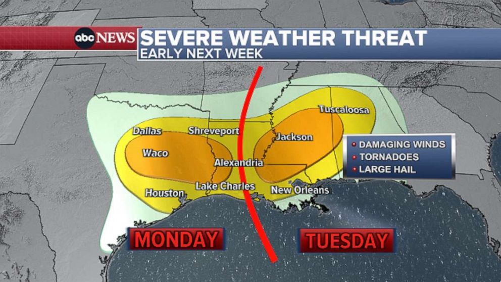 PHOTO: A widespread, significant severe weather threat is expected to unfold early next week in parts of the South.