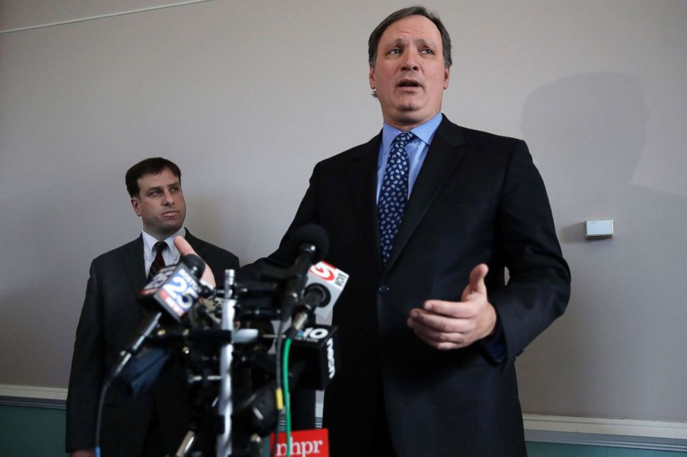 PHOTO: New Hampshire Lottery executive director Charles McIntyre, right, addresses reporters following a hearing in the Jane Doe v. NH Lottery Commission case, Feb. 13, 2018. 