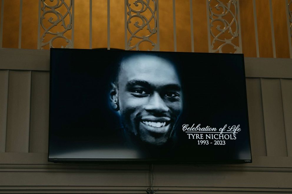 PHOTO: A screen at the entrance of Mississippi Boulevard Christian Church displays the celebration of life for Tyre Nichols on Feb. 1, 2023 in Memphis, Tenn.