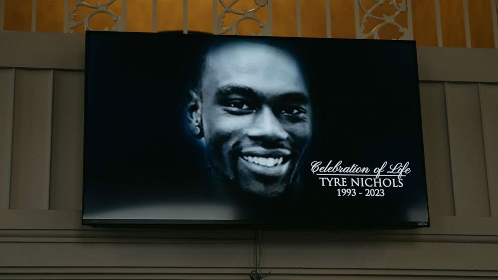 PHOTO: A screen at the entrance of Mississippi Boulevard Christian Church displays the celebration of life for Tyre Nichols on Feb. 1, 2023 in Memphis, Tenn.