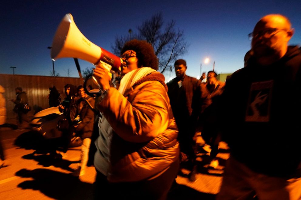 PHOTO: Protesters march down the streets, Jan. 27, 2023, in Memphis, Tenn.