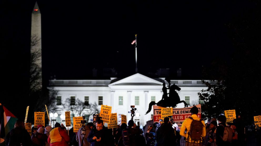 PHOTO: Protesters gather in Lafayette Park outside the White House in Washington, Jan. 26, 2023, over the death of Tyre Nichols, who died after being beaten by Memphis police.