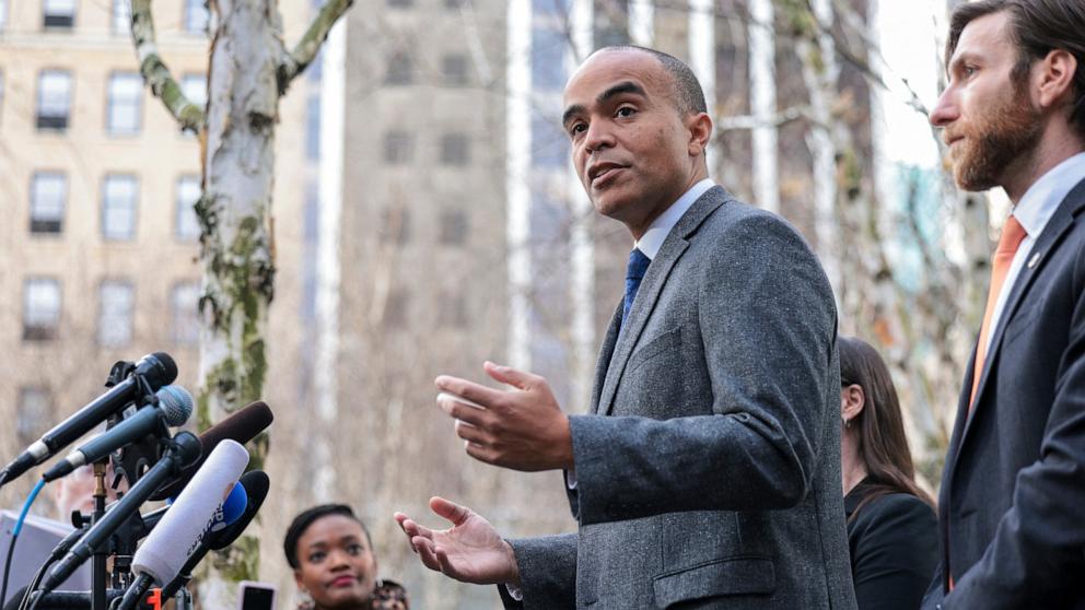 PHOTO: Washington Attorney General Nick Brown speaks to media outside the U.S. Courthouse after a federal judge blocked Donald Trump's attempt to end birthright citizenship in Seattle, Washington, Feb. 6, 2025.