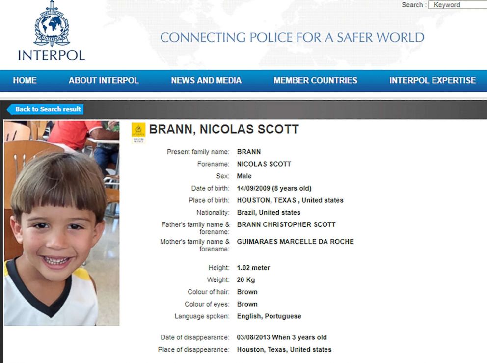 PHOTO: Nicolas Brann is shown in an Interpol photograph. His grandparents Carlos and Jemima Guimaraes have been arrested and are accused of helping his mother relocate him to Brazil. 
