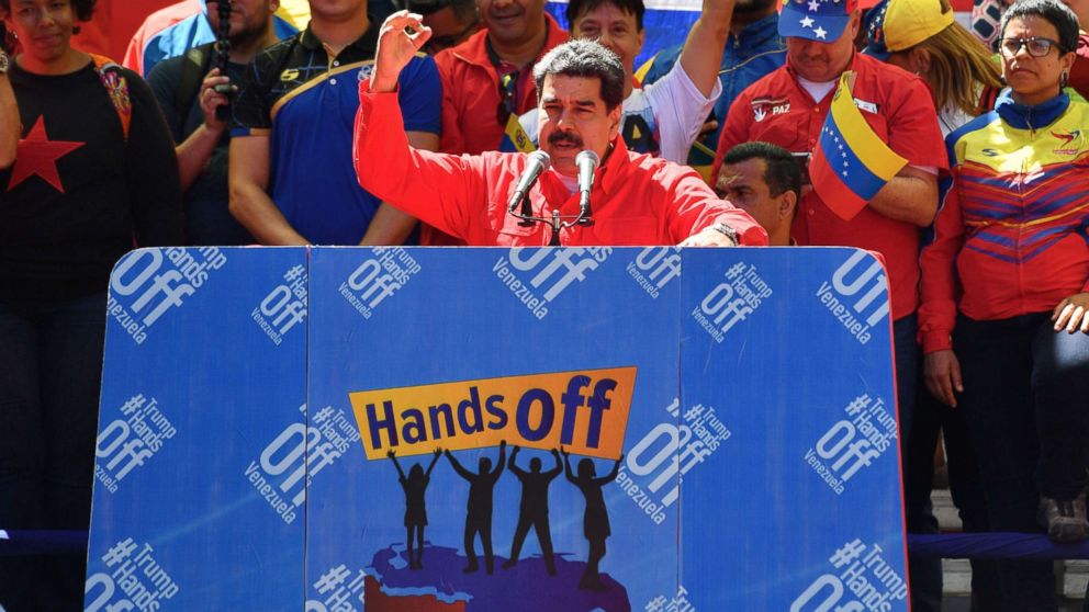 PHOTO: Venezuelan President Nicolas Maduro speaks during a pro-government march in Caracas, on Feb. 23, 2019.