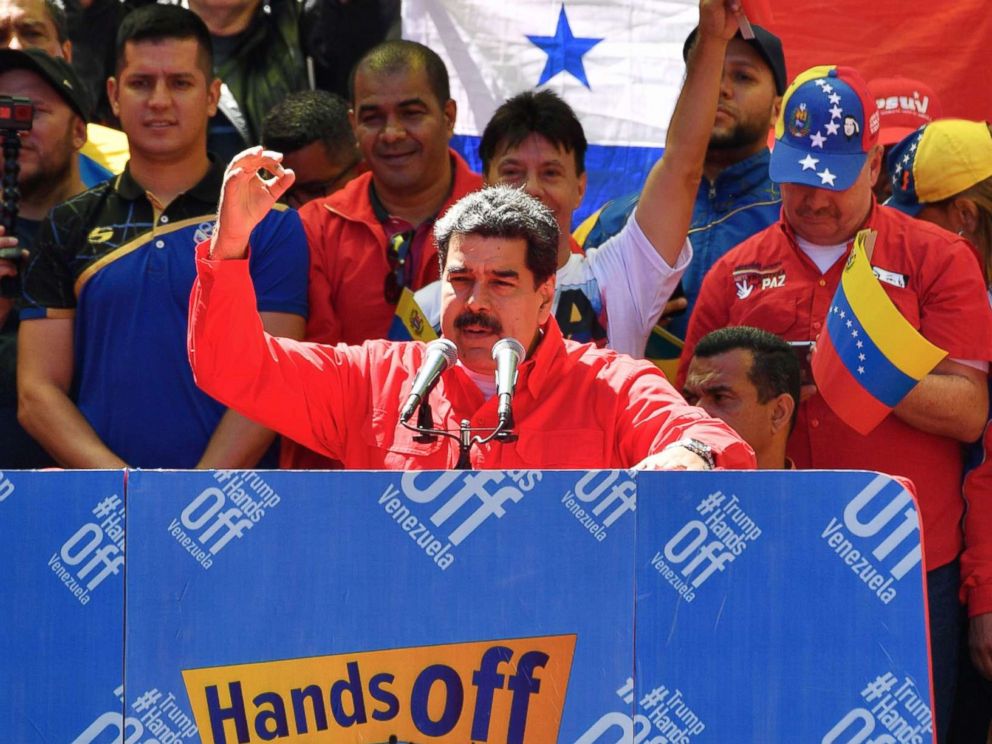 PHOTO: Venezuelan President Nicolas Maduro speaks during a pro-government march in Caracas, Feb. 23, 2019.